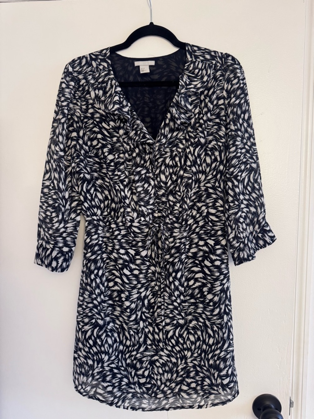 H&M Black White Print Dress | 3/4 Sleeve Tie Waist Tunic | Size 8